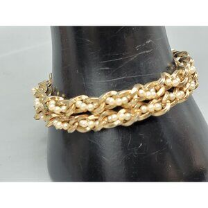 Barclay Faux Seed Pearl Gold Tone Chain Link Bracelet Double Strand Vintage SZ 7